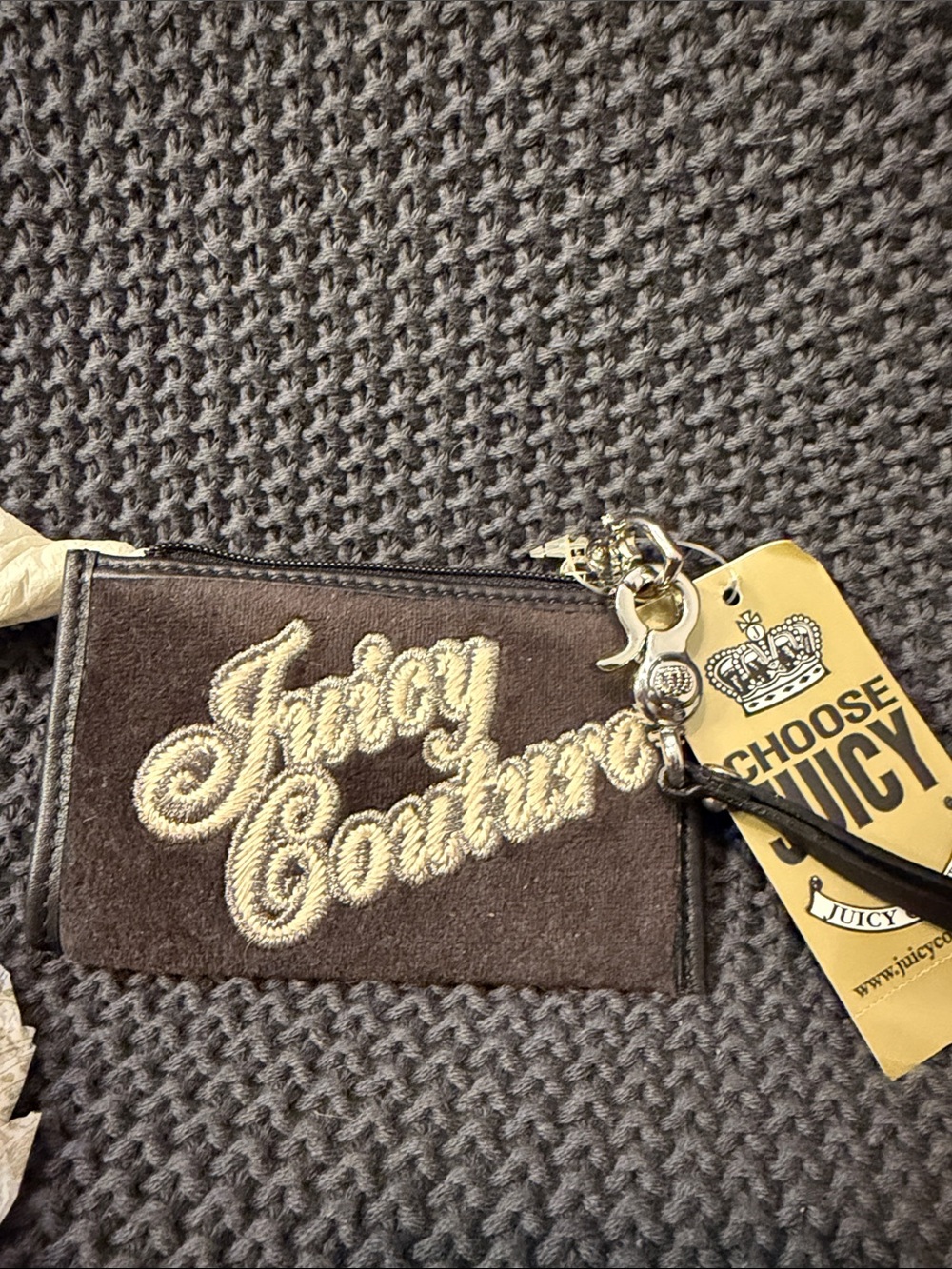 Juicy Couture Brown Suede Logo Wristlet with Gold Charm